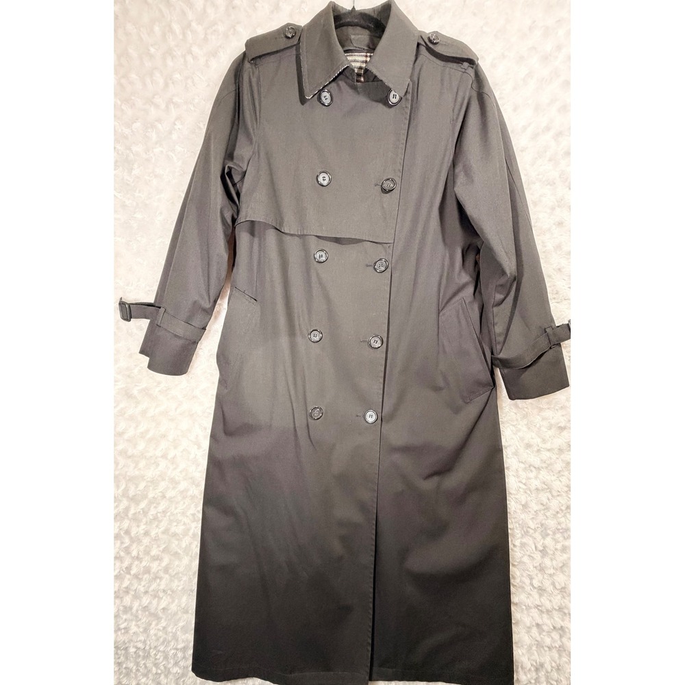 London Fog Womens Size 12 Black Double Breasted with Plaid Liner Trench Coat